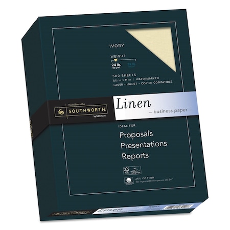 Southworth Linen Business Paper, 24 lb Bond Weight, 8.5 x 11, Ivory, PK500 564C